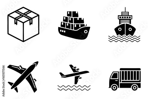 Set of six icons representing different modes of transport and delivery