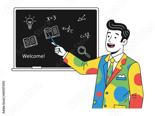 School Day Guidance: A dedicated teacher stands confidently, using a pointer to elucidate lessons on a chalkboard, a visual of learning.