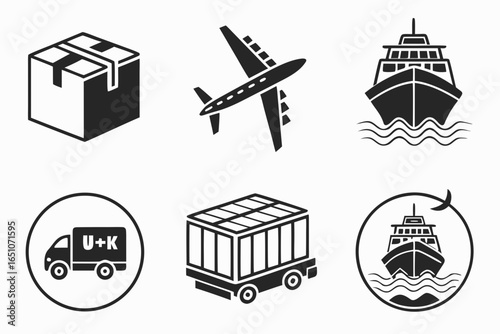 Set of icons representing different modes of transport and logistics