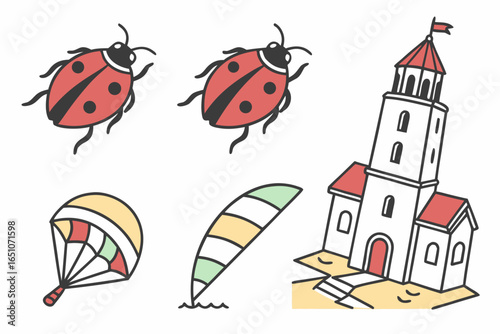 Collection of summer vacation icons ladybugs, lighthouse, paraglider