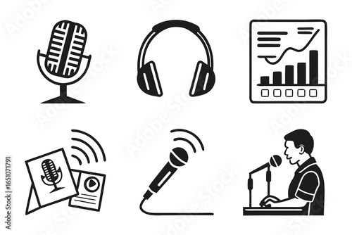 Collection of audio and presentation icons isolated on white background