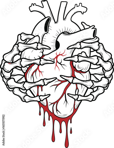Skeleton hands grip bleeding heart with dripping blood