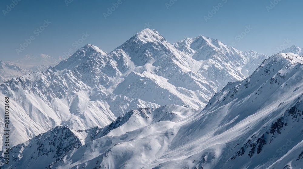 Obraz premium Snowy mountain range panorama, winter landscape, aerial view, clear sky, for travel posters
