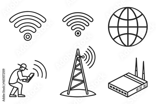 Collection of wireless internet and communication icons isolated on white background
