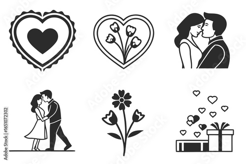 Collection of romantic icons and illustrations isolated on white background