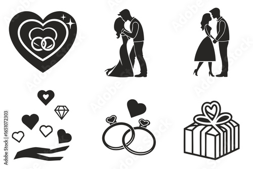 Wedding icons and symbols of love, marriage, and celebration isolated on white background
