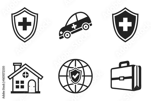 Collection of insurance and protection icons isolated on white background