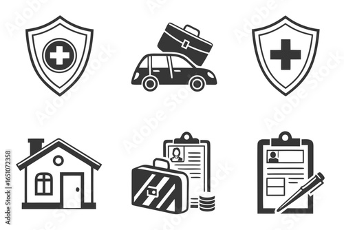 Collection of insurance icons including health, car, home, and business isolated on white background