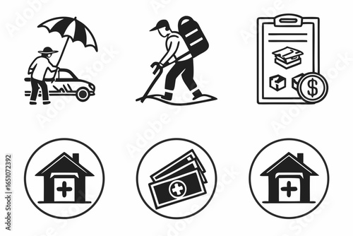 Collection of insurance and finance icons isolated on white background