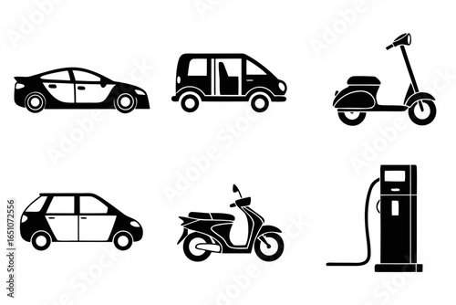Collection of electric vehicle icons including cars, scooters, and charging station isolated on white background