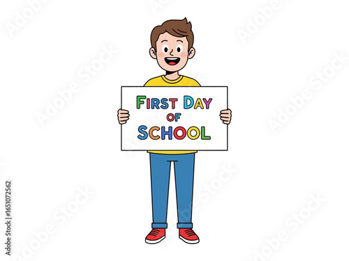 Joyful School Start: A bright-eyed, cartoon child joyfully embraces the First Day of School, clutching a sign.