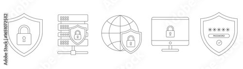 A collection of line art icons representing cybersecurity concepts, including a locked shield, server rack, protected globe, computer screen with lock, and password entry.