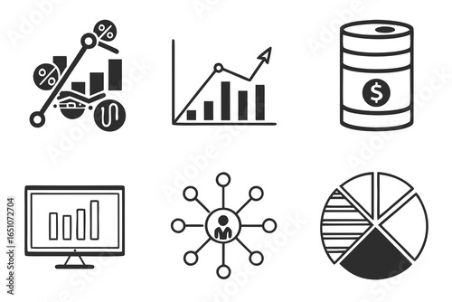Collection of business analytics and financial charts isolated on white background