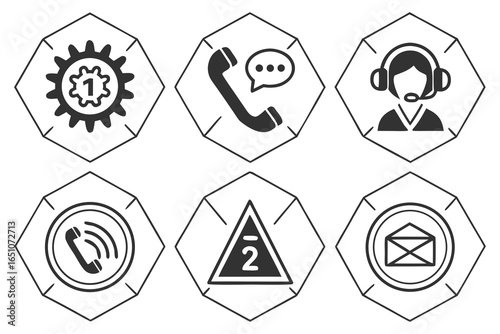 Set of customer support icons including phone, headset, and email isolated on white background