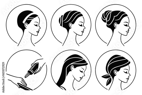 Collection of hairstyles and beauty treatments for women isolated on white background