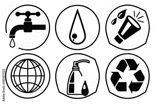 Set of icons related to water conservation, hygiene, and environmental protection isolated on white background