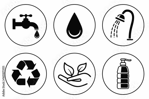 Set of icons related to water, hygiene, and ecofriendly practices isolated on white background