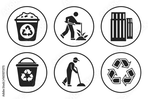 Set of icons for recycling, cleaning, and gardening isolated on white background