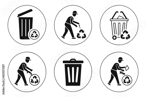 Recycling and trash bin icons with people cleaning up isolated on white background