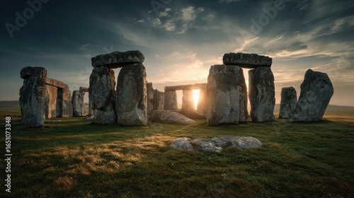 Stonehenge Sunset Ancient stones at sunset, Salisbury Plain, England. Travel postcard