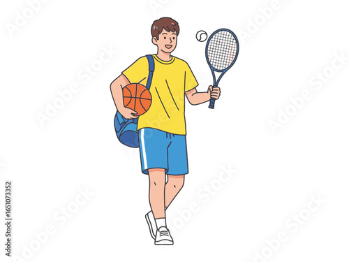 Active lifestyle: A cheerful individual embodies the spirit of an active lifestyle, carrying both a basketball and tennis racket.
