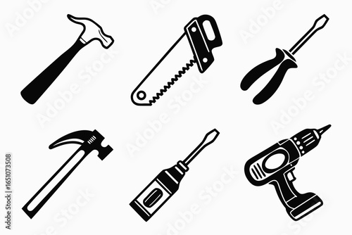 Collection of common hand tools and power drill isolated on white background