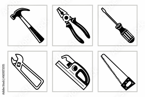 Collection of common hand tools isolated on white background