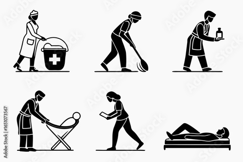Medical staff performing various healthcare and cleaning tasks isolated on white background