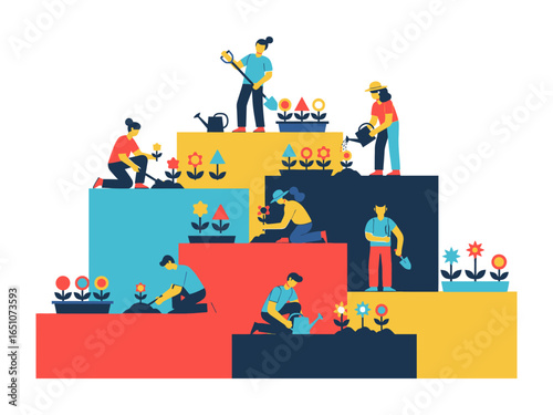 Harmony in Horticulture: An illustrative depiction of people diligently cultivating and nurturing vibrant flowers and greenery.