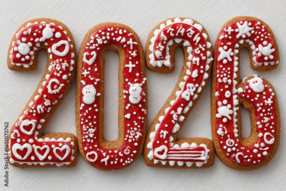 Numbers 2026 from Christmas glazed red white cookies on a white background. Decorative Gingerbread Holiday Composition for Merry Christmas and Happy New Year Celebration. Cake, spice-cake figures 2026 Numbers 2026 from Christmas glazed red white cookies on a white background. Decorative Gingerbread Holiday Composition for Merry Christmas and Happy New Year Celebration. Cake, spice-cake figures 2026