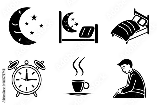 Collection of icons representing sleep, waking up, and morning routine isolated on white background