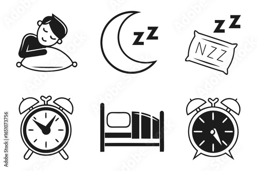 Sleep icons including a person sleeping, moon, pillow, bed and alarm clocks isolated on white background