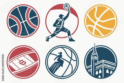 Collection of basketball and sports related icons and symbols