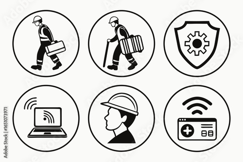 Set of icons representing worker safety, technology, and medical equipment isolated on white background