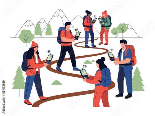 Journey Mapping: A group of hikers navigating a scenic trail, each engrossed with their digital devices, possibly employing navigation applications.