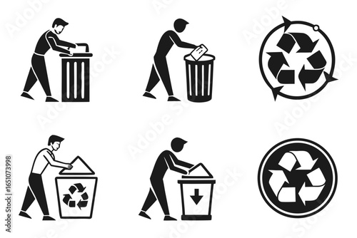 Set of icons showing people disposing of waste in bins and recycling symbols