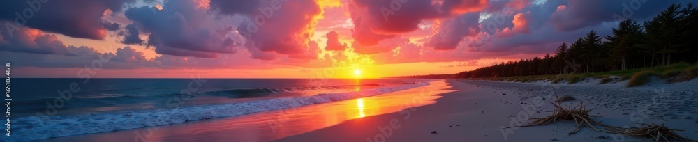 Fototapeta premium Sunset over Cape Lookout's pristine beach, dramatic sky, light, wildlife