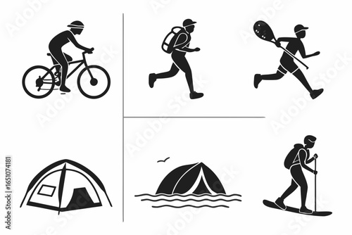 Collection of outdoor sport and adventure icons isolated on white background