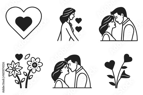 Collection of romantic couple icons and heart symbols isolated on white background