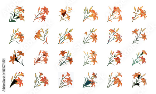 Beautiful Collection of 24 Colorful Hand-Drawn Floral Illustrations Featuring Roses, Tulips, Daisies, Lilies, Hibiscus, Marigolds, Orchids, Jasmine, and Pansies in Elegant Botanical Styles for Decorat