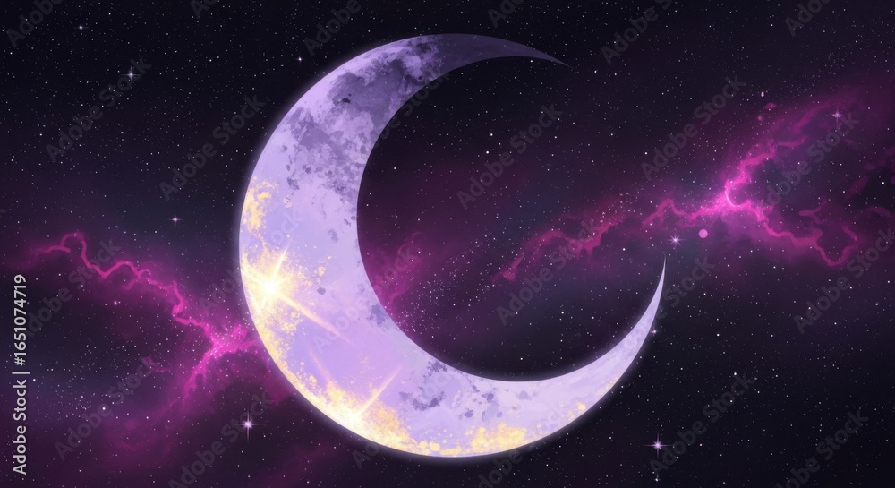 Fototapeta premium Fantasy Purple Moon with Glowing Lightning in Space Scene