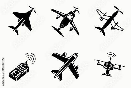 Collection of airplane and drone icons isolated on white background