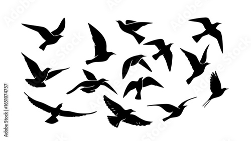 Silhouette illustration of a flock of birds in various flying positions against white background created with generated ai