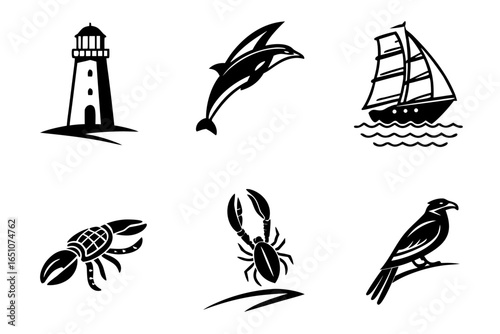 Collection of nautical and wildlife icons including lighthouse, dolphin, sailboat, crab, lobster, and eagle