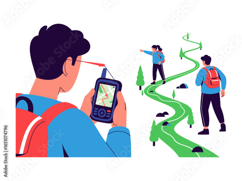 Navigating the Path: A person uses a handheld GPS device to find a route, guiding them and fellow travelers along a winding trail with an overview of their trek