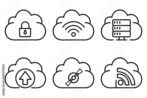 Cloud computing icons with security, wifi, server, upload, and data transfer