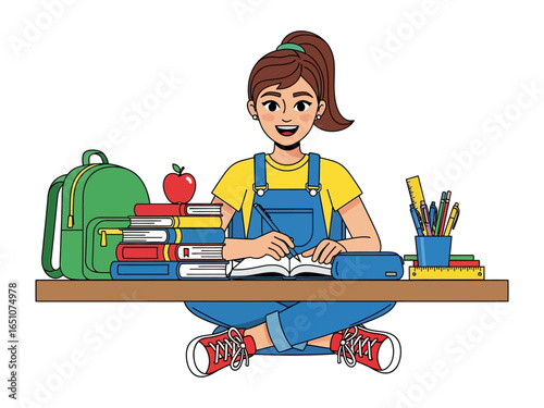 Girl studying at Desk: A young girl engrossed in study sits cross-legged at a desk, surrounded by books, apple, school supplies, and a backpack, embodying the essence of learning and academic pursuit.