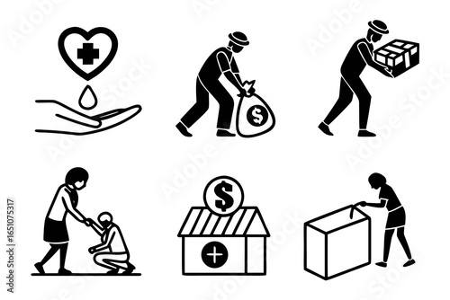 Set of icons representing charity, donation, and helping others isolated on white background