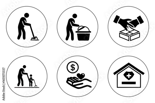 Set of icons representing help, care, charity, and community services