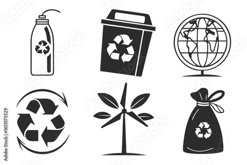 Collection of ecofriendly recycling and renewable energy icons isolated on white background